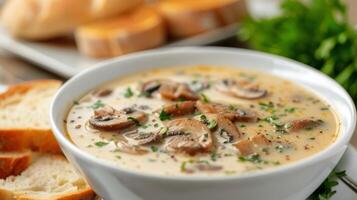 Creamy Mushroom Soup Served With Fresh Bread on a Rustic Table photo