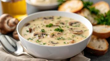 Creamy Mushroom Soup Served With Fresh Bread on a Rustic Table photo