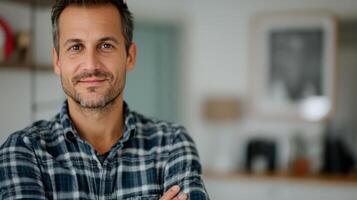Smiling Man in Gray Sweater Sitting Comfortably in Cozy Indoor Space photo