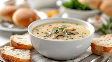 Creamy Mushroom Soup Served With Fresh Bread on a Rustic Table photo