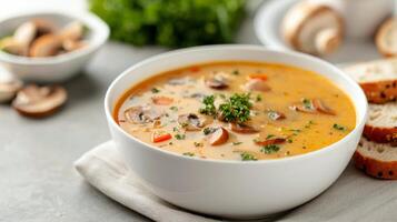 Creamy Mushroom Soup Served With Fresh Bread on a Rustic Table photo