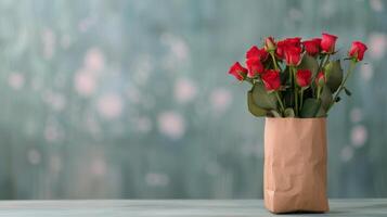 Fresh Red Roses in a Brown Paper Bag on a Soft Blurred Background photo