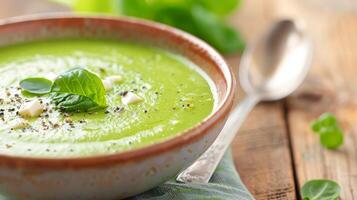 Fresh Green Basil Soup With Cream and Herbs in a Cozy Kitchen Setting photo