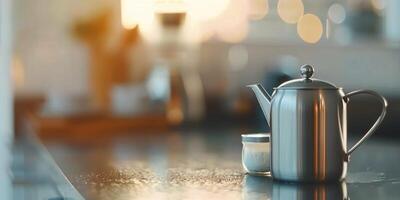 Silver Teapot With Sugar Bowl on Countertop in Modern Kitchen photo