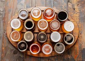 Twelve Craft Beers on a Wooden Tray in a Rustic Bar Setting photo