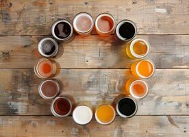 Assorted Craft Beers Displayed in a Circular Arrangement on Wooden Table photo
