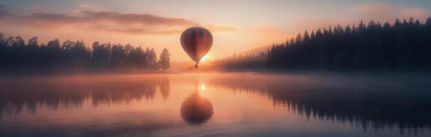 Hot Air Balloon Floating Over Calm Lake at Sunrise With Misty Forest Background photo