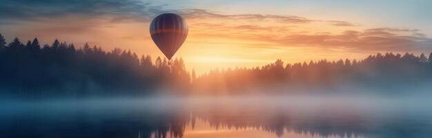 Hot Air Balloon Floating Over Calm Lake at Sunrise With Misty Forest Background photo