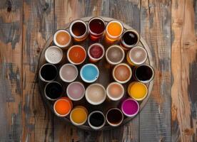 Assorted Craft Beers Displayed in a Circular Arrangement on Wooden Table photo