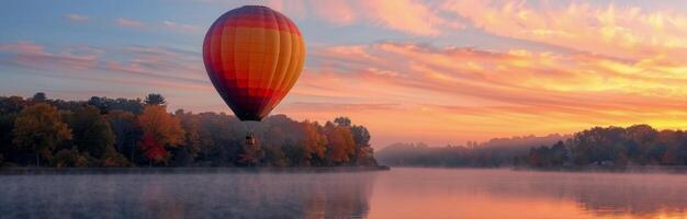 Hot Air Balloon Floating Over Calm Lake at Sunrise With Misty Forest Background photo
