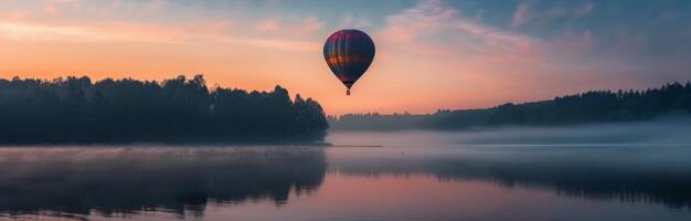 Hot Air Balloon Floating Over Calm Lake at Sunrise With Misty Forest Background photo