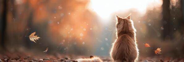 Orange Cat Sitting in Autumn Leaves During Sunset photo