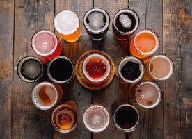 Assorted Craft Beers Displayed in a Circular Arrangement on Wooden Table photo