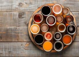 Assorted Craft Beers Displayed in a Circular Arrangement on Wooden Table photo