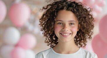 Smiling Young Girl With Curly Hair Surrounded By Pink Balloons In a Festive Setting photo