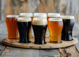 Twelve Craft Beers on a Wooden Tray in a Rustic Bar Setting photo
