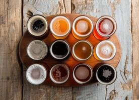 Twelve Craft Beers on a Wooden Tray in a Rustic Bar Setting photo