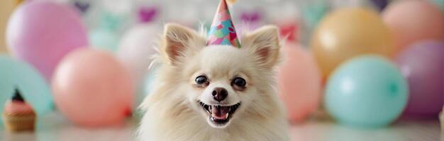 Happy Chihuahua Celebrating Birthday With Colorful Balloons photo