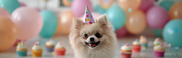 Happy Chihuahua Celebrating Birthday With Colorful Balloons photo