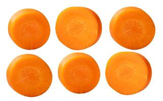 Top view set of orange carrot slices in circle shape isolated on white background with clipping path photo