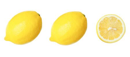 Top view set of yellow lemon fruits with slice or half isolated on white background with clipping path photo