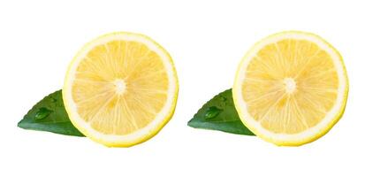Top view set of yellow lemon fruit in halves with green leaves isolated on white background with clipping path photo