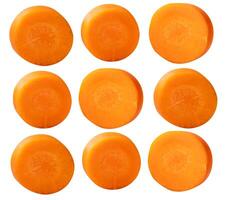 Top view set of orange carrot slices in circle shape isolated on white background with clipping path photo