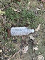 A plastic water bottle lying in the grass. photo