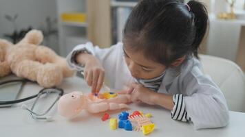 Asian girl playing with anatomical dolls in a doctor game, Learn through play about internal organs with anatomical dolls at home. Children want to be a doctor. photo