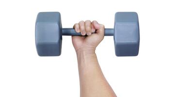 Man holding dumbbells in hands isolated on white background. photo
