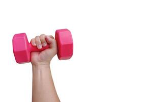 Man holding dumbbells in hands isolated on white background. photo