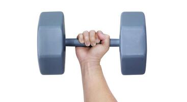 Man holding dumbbells in hands isolated on white background. photo