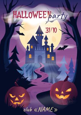 Halloween party invitation, poster with gloomy castle, trees and pumpkins