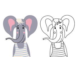 Cute elephant cartoon character coloring page for children. Funny animal colored and colorless illustrations isolated on transparent background. Outline kid doodles, anti stress. vector