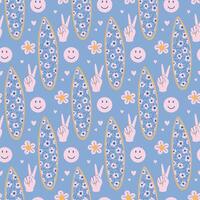 Retro style surfboard seamless pattern. Vintage cool vibes background. Y2K aesthetic print with SUP board, victory symbol, smile. Hand drawn flat design illustration on blue backdrop. vector