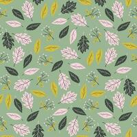 Autumn park seamless pattern on sage green backdrop. Fall background with leaves and branches. Foliage ornament for wallpaper, wrapping paper, textile, web page, greeting cards. vector