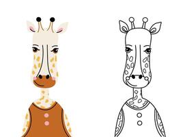 Cute giraffe cartoon character coloring page for children. Funny African animal colored and colorless illustrations isolated on transparent background. Outline kid doodles, anti stress. vector