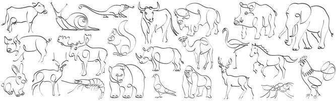 Set of animals in hand drawn minimalism style. Continuous line drawing illustration. vector