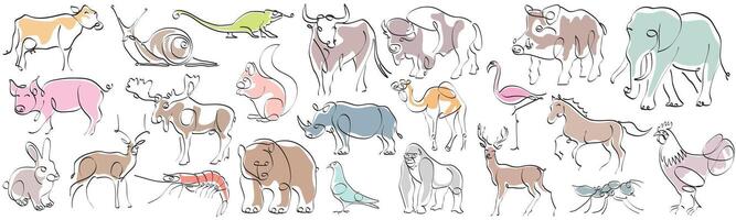 Set of animals in hand drawn minimalism style. Continuous line drawing illustration. vector