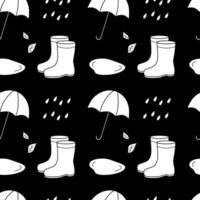 Autumn seamless pattern with umbrella and rainy weather. Illustration. Rubber boots, puddles, raindrops, leaves. Drawing of autumn elements, clothes and objects. vector