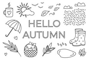 Autumn doodle set. Hand drawn illustration of rubber boots, cup with hot tea, puddle, rain, plants, clouds. Line sketch drawing of umbrella and wicker basket. Hello Autumn text. vector