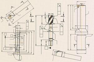 Mechanical engineering drawings on light background. Tap tools, borer, cutting tools, milling cutter. Technical Design. Cover. Blueprint vector