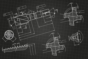 Mechanical engineering drawings on black background. Tap tools, borer. Technical Design. Cover. Blueprint. vector