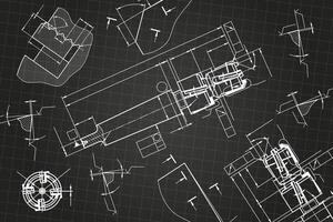 Mechanical engineering drawings on black background. Tap tools, borer. Technical Design. Cover. Blueprint. vector