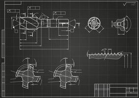 Mechanical engineering drawings on black background. Tap tools, borer. Technical Design. Cover. Blueprint. vector
