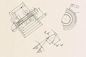 Mechanical engineering drawings on light background. Gear cutting tool. Technical Design. Cover. Blueprint vector