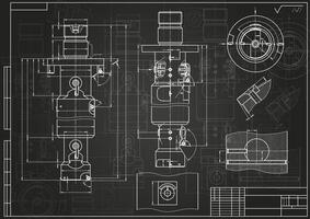 Mechanical engineering drawings on black background. Tap tools, borer. Technical Design. Cover. Blueprint. vector