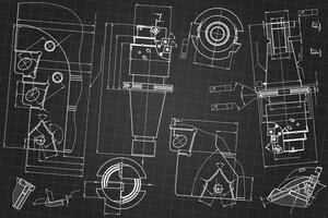 Mechanical engineering drawings on black background. Tap tools, borer. Technical Design. Cover. Blueprint. vector