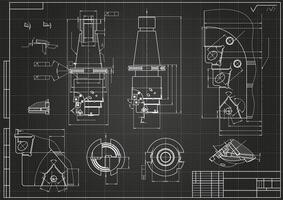 Mechanical engineering drawings on black background. Tap tools, borer. Technical Design. Cover. Blueprint. vector