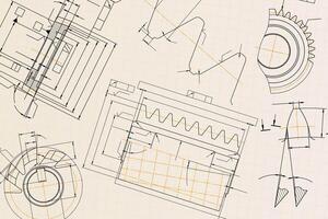 Mechanical engineering drawings on light background. Tap tools, borer, cutting tools, milling cutter. Technical Design. Cover. Blueprint. vector